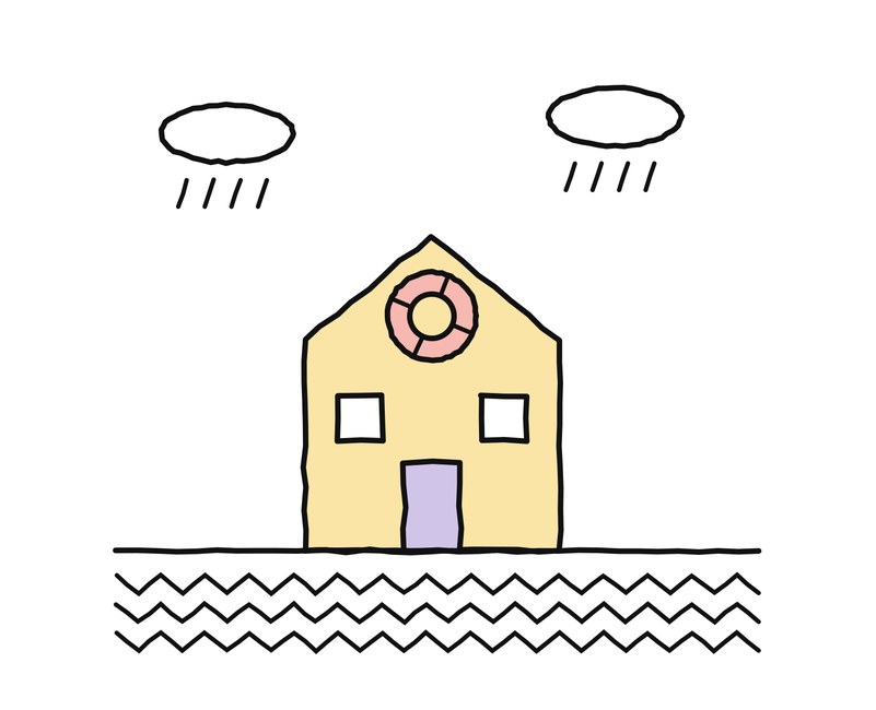 Portada da guía «Se non podes pagar a hipoteca»: unha casa cun salvavidas no tellado, baixo a chuvia e sobre as ondas