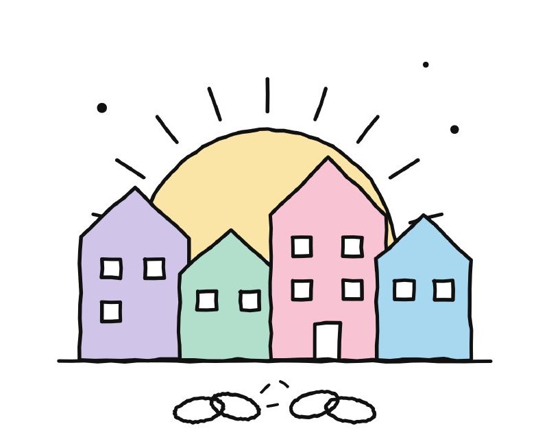 Portada da guía da segunda oportunidade: casas de cores, un sol que sae e unha cadea rota