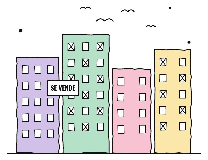 Portada del informe Fondos buitre, SOCIMIs y Sareb: edificios con un cartel de Se vende