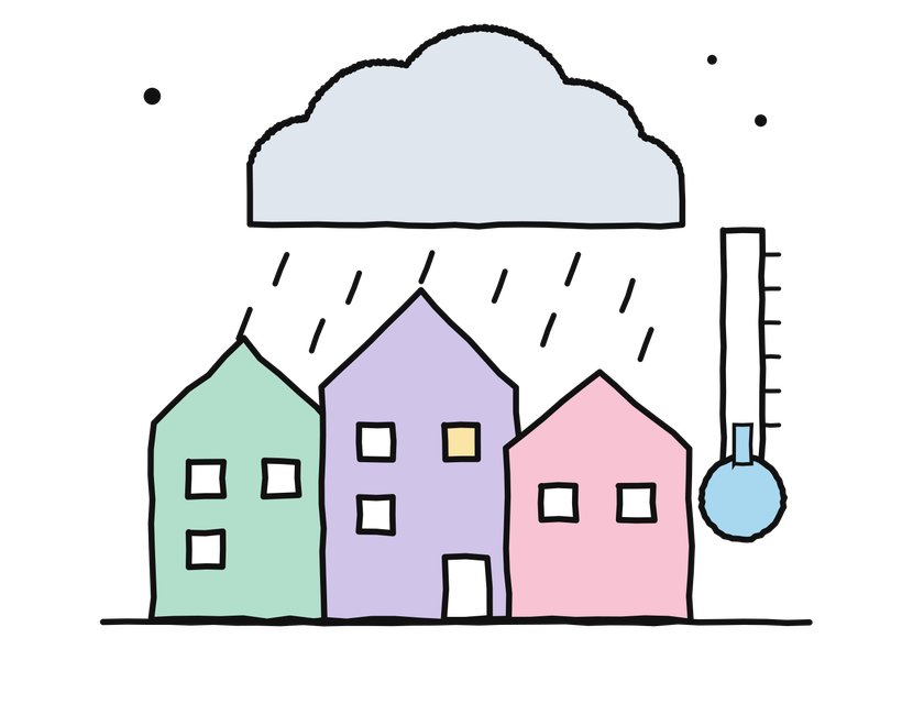 Portada del informe Frío en casa: casas de colores bajo la lluvia y un termómetro casi vacío